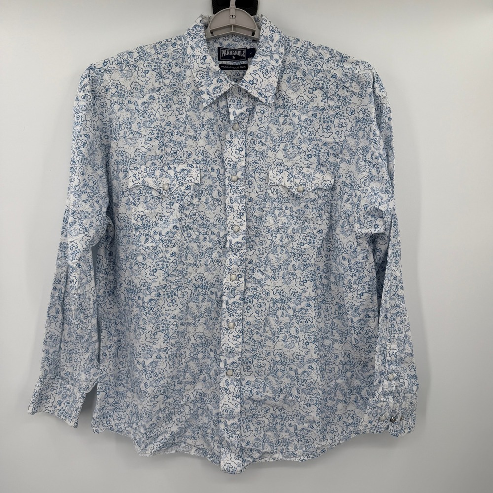 Panhandle Slim Mens Large Blue White Floral Western Pearl Snap Shirt 30S3808